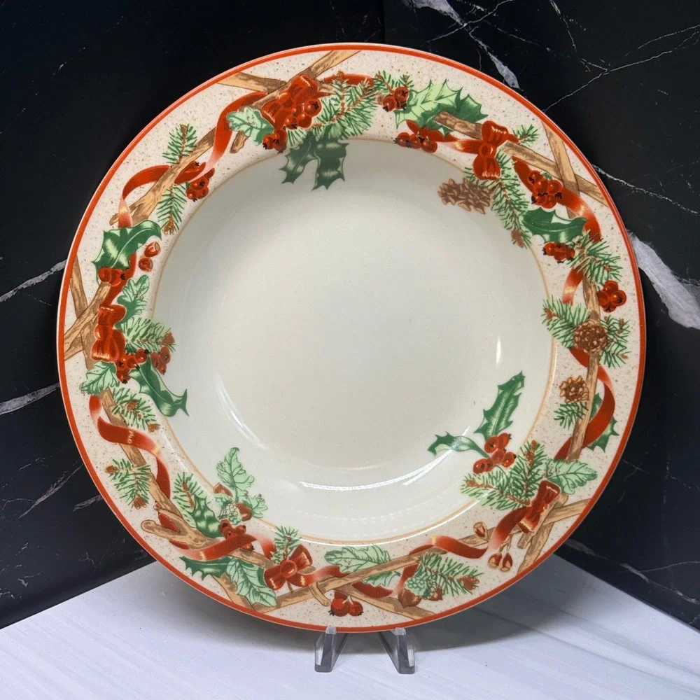 Block Basics Festive Ribbon Soup Bowls Set of 4 Christmas Holly Berry